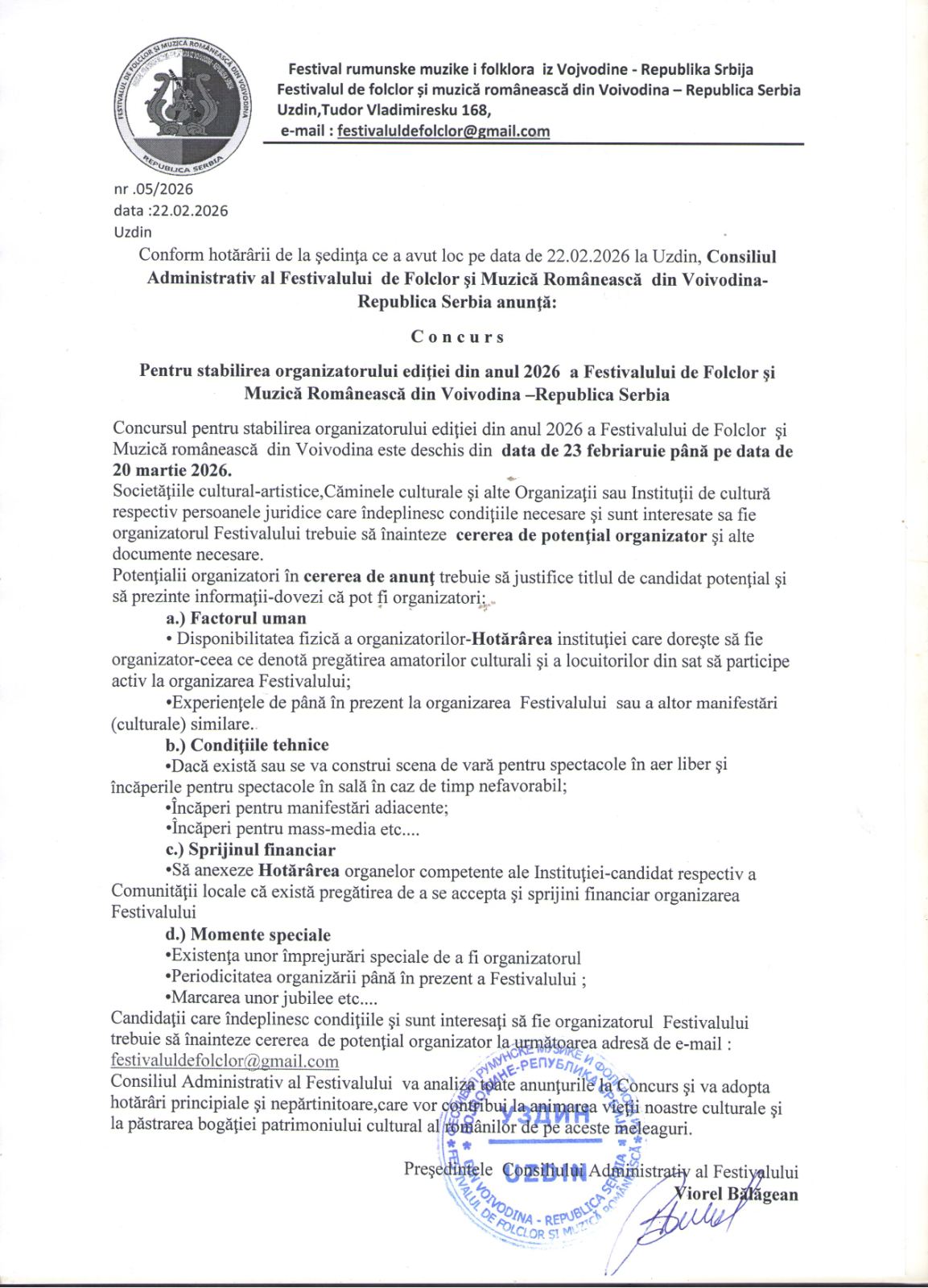 S-a deschis concursul pentru organizarea Festivalului de Folclor și Muzică Românească din Voivodina – ediția 2026